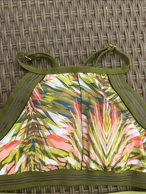 Olive Green Tropical Print Swim Suit Top. Adj straps. Discolored on lining